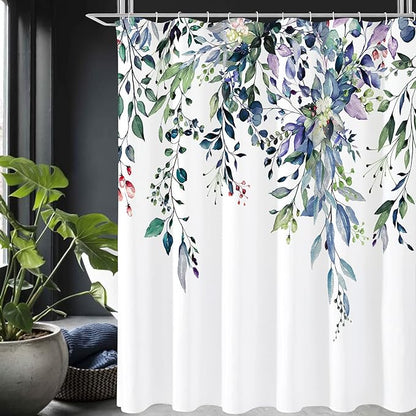 Green Eucalyptus Shower Curtain, Watercolor Floral Print, 72x90 | Watercolor Plant Leaves Floral Print, Extra Long Waterproof Fabric Bathroom Decor, Machine Washable, Rustproof Grommets