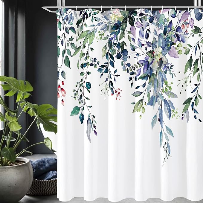 Green Eucalyptus Shower Curtain, Watercolor Floral Print, 72x84 | Watercolor Plant Leaves Floral Print, Extra Long Waterproof Fabric Bathroom Decor, Machine Washable, Rustproof Grommets