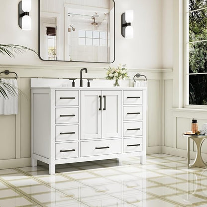 48-Inch Bathroom Vanity with Sink, 2 Soft-Close Doors and 9 Soft-Close Drawers, Bathroom Freestanding Vanity with Cultured Marble Countertop, Bathroom White Vanity with Matte Black Handles