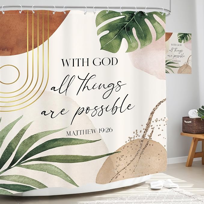 Glawry Boho Bible Verse Shower Curtain Extra Long Bathroom Curtain Set | Inspirational Abstract Scriptures Quotes Palm Leaf Mid Century 72Wx78L Bathroom Decor Waterproof Fabric with Free Hooks