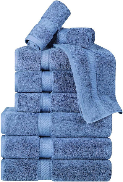 Superior Egyptian Cotton 800 GSM Plush & Absorbent, 9 Piece Set, Denim Blue | Quick Dry, Soft Luxury Towel Set, Bath Essentials, Guest Bath, Spa, 3 Bath, 3 Hand, 3 Face Towel, Madeline Towels
