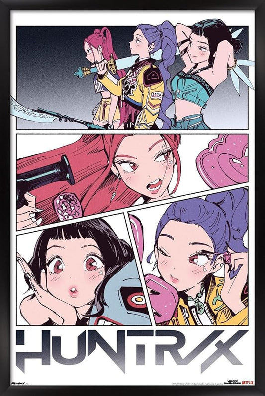 Trends International Netflix KPop Demon Hunters (2025) - Huntrix Manga Panels Wall Poster, 22.4L x 14.7W, Black Framed Version