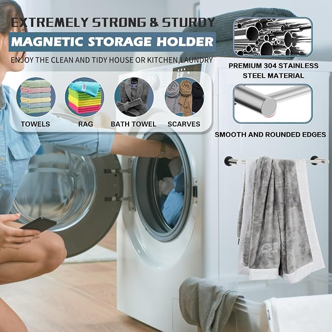 ULIBERMAGNET Magnetic Towel Holder, Magnetic Towel Rail Silver with Adjustable Length, Brushed Nickel Non-Slip Stainless Steel Towel Rail for Refrigerator, Oven, Dishwasher, Laundry (2 Pack)