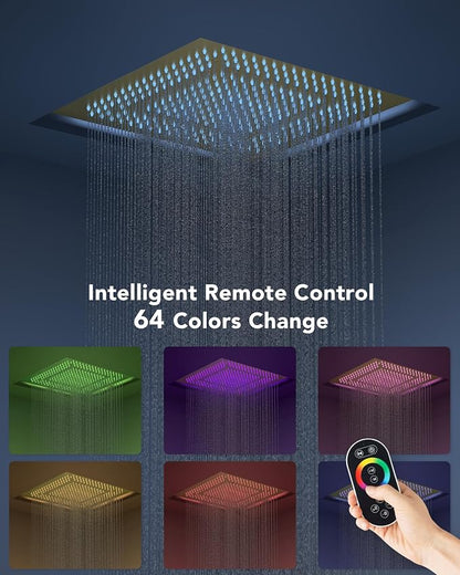 64 Color LED Mood Lighting Rainfall Shower System, 20" Ceiling Mount Bathroom Shower Faucet Set (Brushed Gold)