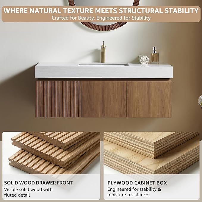 48” Floating Bathroom Vanity with Sink, Wall-Mounted Cabinet with Drawer & Doors, Roma Travertine-Pattern Countertop, Undermount Basin, Single Faucet Hole, Soft-Close, Pre-Assembled, Brown Oak