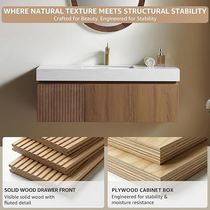 48” Floating Bathroom Vanity with Sink, Wall-Mounted Cabinet with Drawer & Doors, Roma Travertine-Pattern Countertop, Undermount Basin, Single Faucet Hole, Soft-Close, Pre-Assembled, Brown Oak