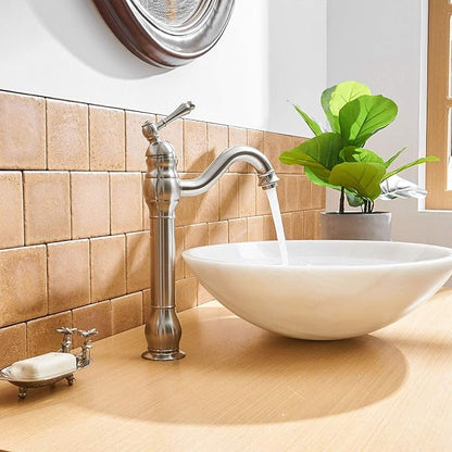 BWE 360°Swivel Bathroom Vessel Sink Faucet Brushed Nickel Single Handle One Hole Lavatory Mixer Tap with Pop Up Drain Assembly Without Overflow and Supply Line Tap Body