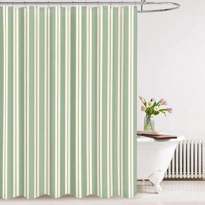 Tititex Cute Candy Cane Striped 140gsm Faux Linen Fabric Shower Curtain, Elegant Classic Sage Green Beige Shower Curtain Sets Decoration 72x78 Inch with Hooks