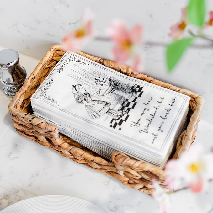 60 x Alice in Wonderland Paper Guest Towels, Disposable Guest Towels for Bathroom, Restroom, Birthday Tea Parties, Decorative Paper Hand Towel for Weddings, British Brand, 8 Fold, 4 x 7.75 in Folded