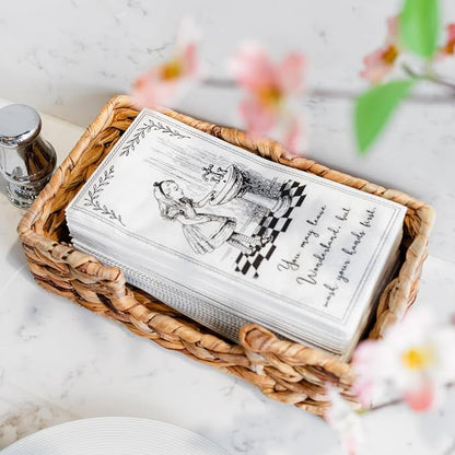 60 x Alice in Wonderland Paper Guest Towels, Disposable Guest Towels for Bathroom, Restroom, Birthday Tea Parties, Decorative Paper Hand Towel for Weddings, British Brand, 8 Fold, 4 x 7.75 in Folded