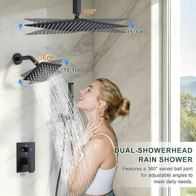 Rain Shower System with Rough-in Valve, Ceiling Mount Shower Faucet Set with 12" & 6" Dual Rain Shower Heads, 2-in-1 Handheld Shower, Tub Spout, 4-Function Complete Shower Fixture, Matte Black