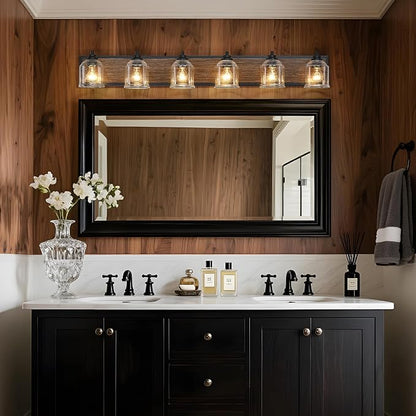 6-Light Vanity Lights for Bathroom Large 48" with Bubble Glass Shade | Farmhouse Rustic style, Hand-Painted Brown Wood-Grain Metal Backplate, E26 Ceramic Socket, UL&ETL, Mount up/down, over mirror