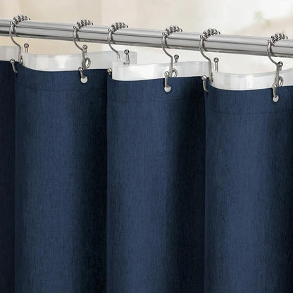 BTTN 72x84 Tall 3 in 1 Linen Texture Shower Curtain with Liner, Navy Blue | Long Size, 230GSM Heavy Duty Polyester, Waterproof Clear Liner, Weighted Hem, 12 Plastic Hooks, Hotel Style, Machine Washable