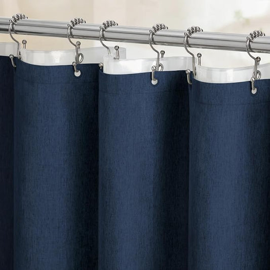 BTTN 72x84 Tall 3 in 1 Linen Texture Shower Curtain with Liner, Navy Blue | Long Size, 230GSM Heavy Duty Polyester, Waterproof Clear Liner, Weighted Hem, 12 Plastic Hooks, Hotel Style, Machine Washable