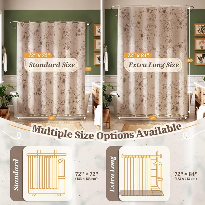 Vintage Beige Floral Shower Curtain with 12 Clear Rings - 72" W x 72" L | Farmhouse Fabric Faux Linen Shower Curtain Set, French Country Cottagecore Style Shower Curtain for Bathroom