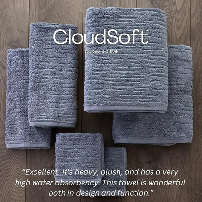 SKL Home CloudSoft Bath Towel Set, 6-Piece, 100% Cotton Luxury, Smoke Blue | 2 Bath towels, 2 hand towels, 2 washcloths. Premium spa-level quality. 600/520 GSM weight. Ultra plush & absorbent.