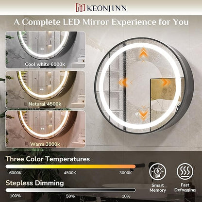 Keonjinn Round LED Medicine Cabinet 24 Inch, Black Lighted Medicine Cabinet for Bathroom with Mirror, Circle, Electrical Outlet, 3 Color Lights, Anti-Fog, Dimmable, Surface Mount Only