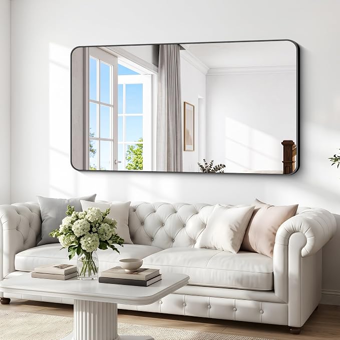 BONEWEI 72x40 inch Large Bathroom Mirror,Black Rectangle Mirror,Wall Mounted Bathroom Frame Vanity Mirror with Round Corner for Bedroom Living Room, Entryway Hangs Horizontal or Vertical