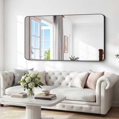 BONEWEI 72x40 inch Large Bathroom Mirror,Black Rectangle Mirror,Wall Mounted Bathroom Frame Vanity Mirror with Round Corner for Bedroom Living Room, Entryway Hangs Horizontal or Vertical