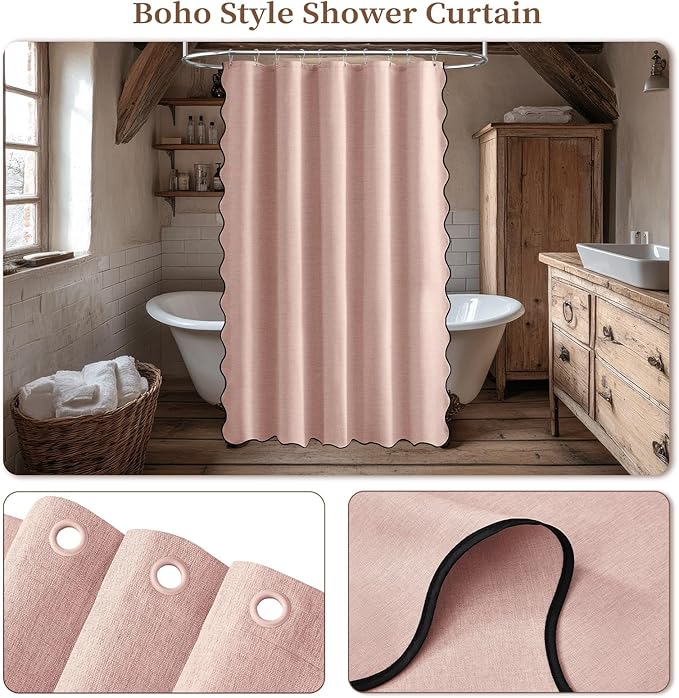 BTTN Stall Shower Curtain, 54x78 Boho Scalloped Linen Textured Heavy Duty Fabric Shower Curtain Set with 10 Hooks, Narrow Cute Farmhouse Modern Waterproof Cloth Shower Curtain for Bathroom, Blush Pink