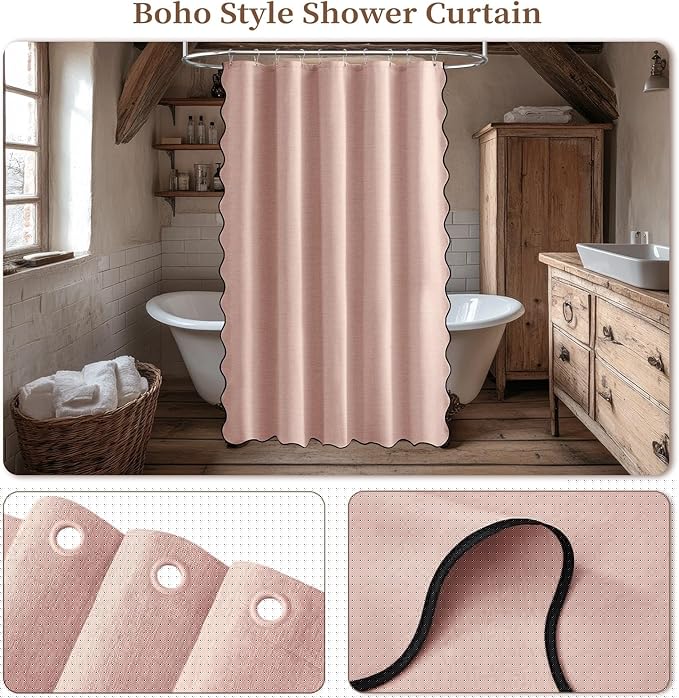 BTTN Stall Shower Curtain, Boho Scalloped Linen Textured Thick Fabric Shower Curtain Set with 10 Hooks, Small Cute Modern Decorative Waterproof Cloth Shower Curtains for Bathroom, 60x72, Blush Pink