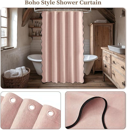 BTTN Stall Shower Curtain, Boho Scalloped Linen Textured Thick Fabric Shower Curtain Set with 10 Hooks, Small Cute Modern Decorative Waterproof Cloth Shower Curtains for Bathroom, 60x72, Blush Pink