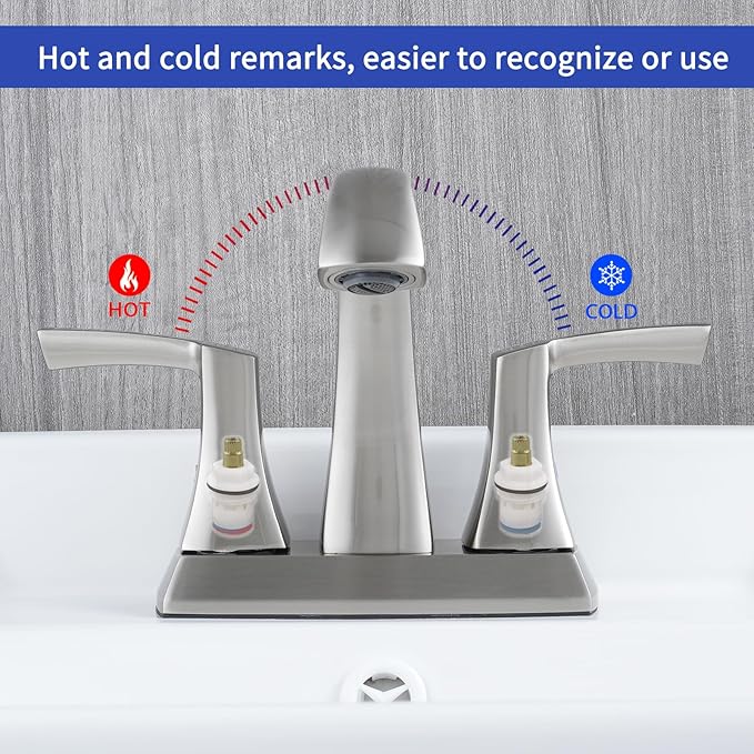 VXV Bathroom Faucet Brushed Nickel, 2 Handles Low Arc Bathroom Sink Faucets, 4 Inch Centerset Bath Lavatory Faucets with Pop-up Drain & Faucet Supply Lines (BN)