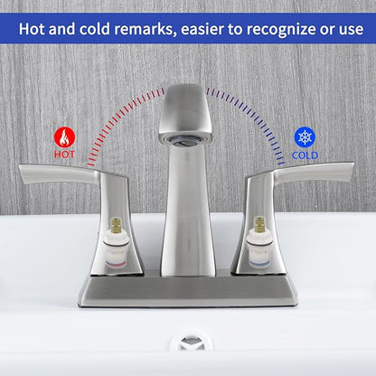 VXV Bathroom Faucet Brushed Nickel, 2 Handles Low Arc Bathroom Sink Faucets, 4 Inch Centerset Bath Lavatory Faucets with Pop-up Drain & Faucet Supply Lines (BN)