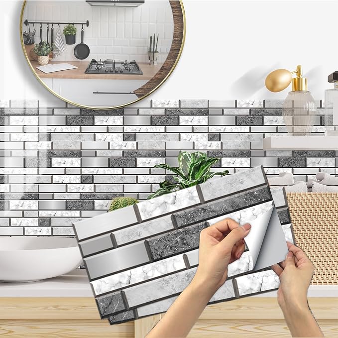 12-Sheet Peel and Stick Wallpaper, Subway Tile 6''x12'' Self Adhesive Wall Tiles Waterproof PVC Stick on Backsplash Vinyl Decorative Tiles Stickers for Kitchen Bathroom