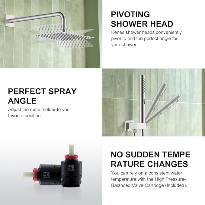 KENES Brushed Nickel Square Rain Shower System Faucet Set with Handheld | Shower Faucet with 10-Inch Rain Shower Head, Square Shower System, Valve Included, Lead-Free cUPC & NSF Certified, Stainless