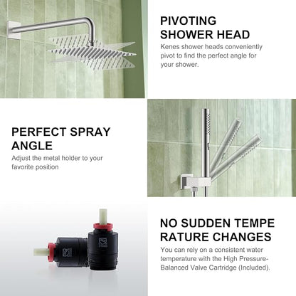 KENES Brushed Nickel Square Rain Shower System Faucet Set with Handheld | Shower Faucet with 10-Inch Rain Shower Head, Square Shower System, Valve Included, Lead-Free cUPC & NSF Certified, Stainless