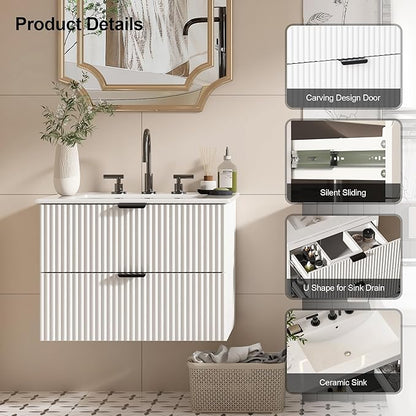 24 inch Bathroom Vanity with Sink, Floating Bathroom Vanity, Wall Mounted Modern Vanity with Ceramic Sink & Soft-Close Drawers, Floating Storage Cabinet with Sink for Small Space, White