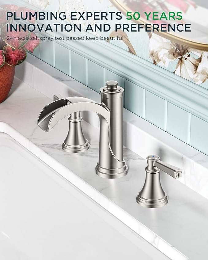 FORIOUS Brushed Nickel Bathroom Faucet Widespread 3 Hole for 6"-12" Sinks, 2 Handle 8" Waterfall Silver Bathroom Sink Faucet 3 Holes Vanity with Metal Drain Stopper and 22" Water Hoses