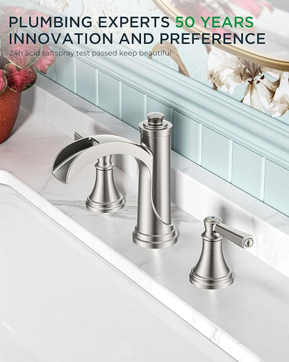 FORIOUS Brushed Nickel Bathroom Faucet Widespread 3 Hole for 6"-12" Sinks, 2 Handle 8" Waterfall Silver Bathroom Sink Faucet 3 Holes Vanity with Metal Drain Stopper and 22" Water Hoses