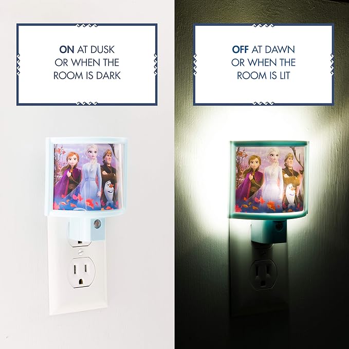 Disney Frozen Plug in Night Light with Dusk to Dawn Sensor, Wrap Shade | Plug-in, Dusk to Dawn, Girls Bedroom Decor, UL-Listed, Ideal for Nursery, Bathroom, 46276