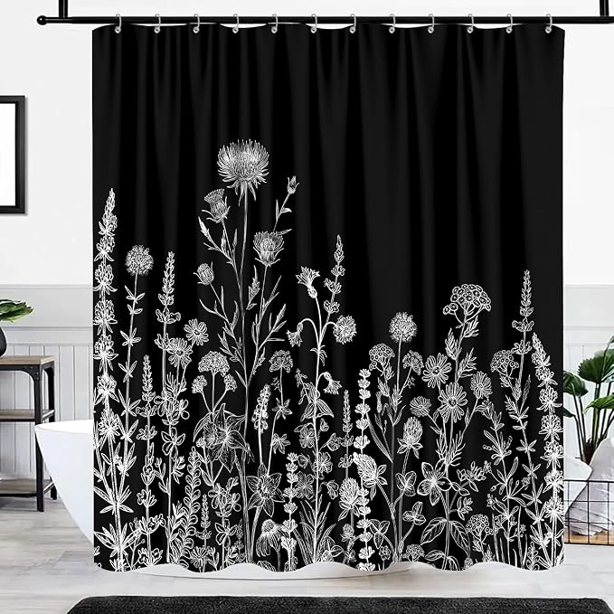 Vintage Black and White Boho Shower Curtain, Black and White Dark Floral Aesthetic Dark Wildflower Botanical Flowers Shower Curtain for Bathroom with Hook,Farmhouse Plant Art Chic Shower Curtain 60X72
