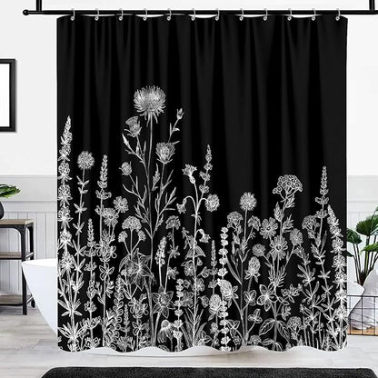 Vintage Black and White Boho Shower Curtain, Black and White Dark Floral Aesthetic Dark Wildflower Botanical Flowers Shower Curtain for Bathroom with Hook,Farmhouse Plant Art Chic Shower Curtain 72X72