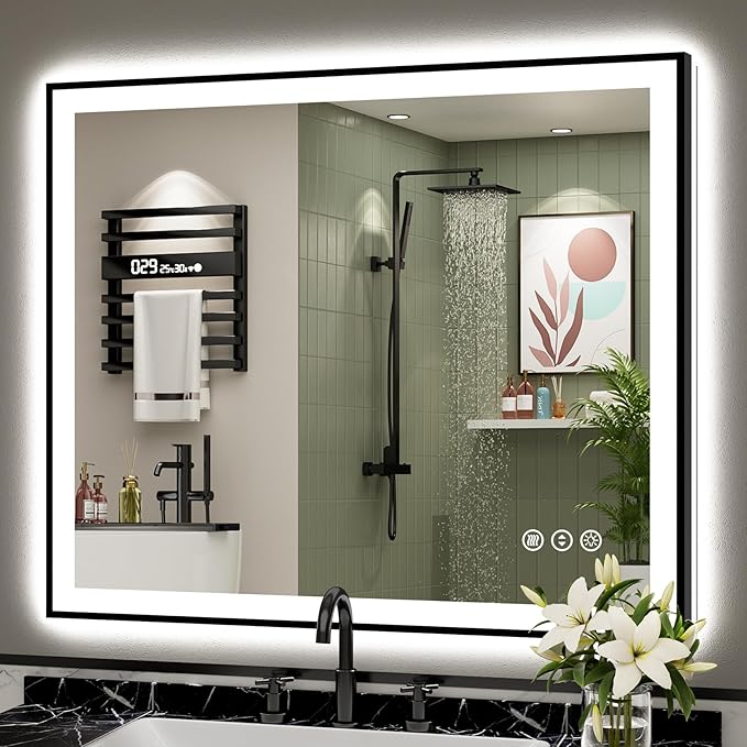 40x36 Black Framed LED Bathroom Mirror with Lights, Backlit and Front Lit Anti-Fog Lighted Vanity Mirrors for Bathroom Wall, Dimmable, 3 Colors, Memory, HD Tempered Glass, Horizontal/Vertical