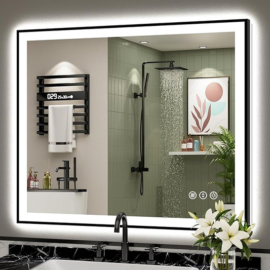 40x36 Black Framed LED Bathroom Mirror with Lights, Backlit and Front Lit Anti-Fog Lighted Vanity Mirrors for Bathroom Wall, Dimmable, 3 Colors, Memory, HD Tempered Glass, Horizontal/Vertical