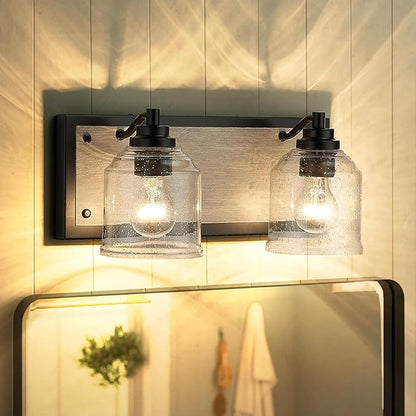 Vanity Lights for Bathroom Large 15.8", Farmhouse Rustic Vanity Light with Bubble Glass Shades, Gray 2 Light Bathroom Lighting Fixtures Over Mirror, Bath Wall Sconce Home Decor