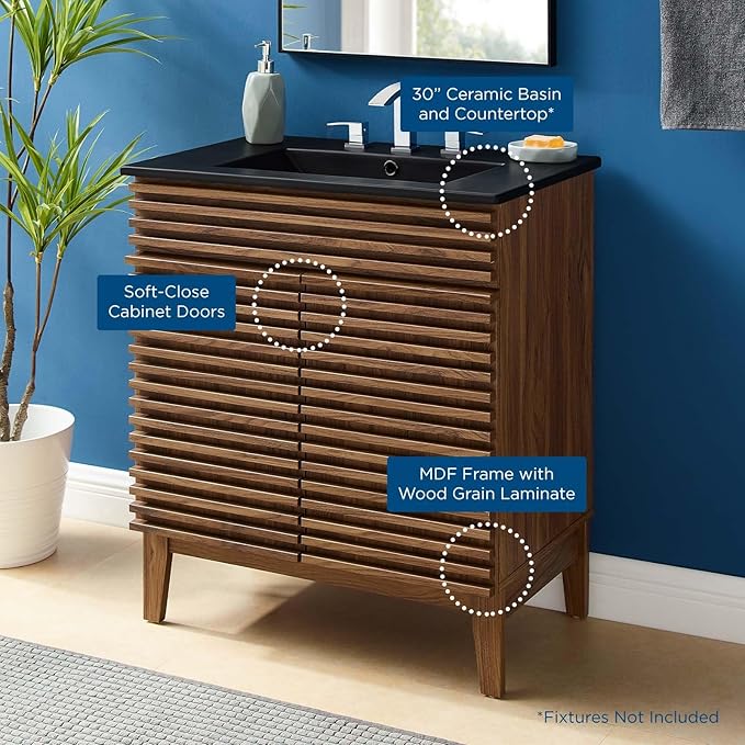 Modway Render 30" Bathroom Vanity with Sink in Walnut Black