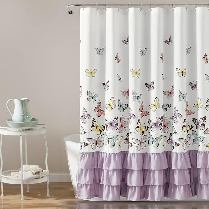 Lush Decor Flutter Butterfly Shower Curtain, 72" x 72", Lilac