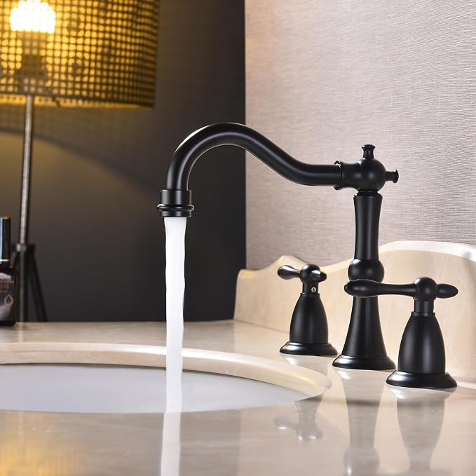 Matte Black Antique Bathroom Faucet 3 Hole, Widespread Sink Faucet with Pop Up Drain and cUPC Supply Hose, Modern 2 Handle Black Faucet for Bathroom Sink JXM3073BK