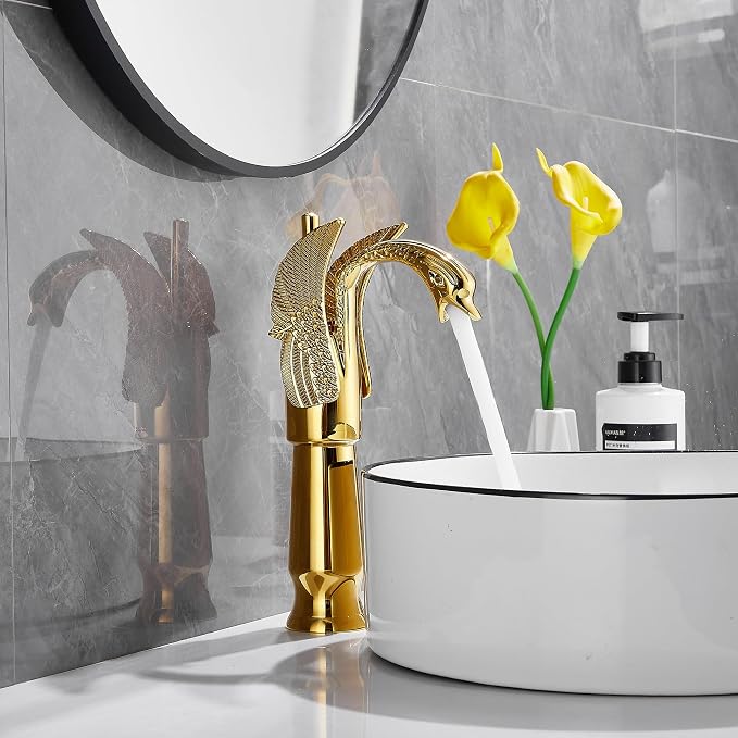 Gold Swan Shape Single Handle One Hole Bathroom Vessel Sink Faucet Deck Mount Lavatory Sink Faucet