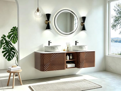 60" Floating Bathroom Vanity with Double Sink, Mid-Century Wall Mounted Bathroom Vanity Cabinet with Wood Waved Decor, Marble Ceramic Basin, Sintered Stone Top, Soft Close Drawer, Side Open Cube