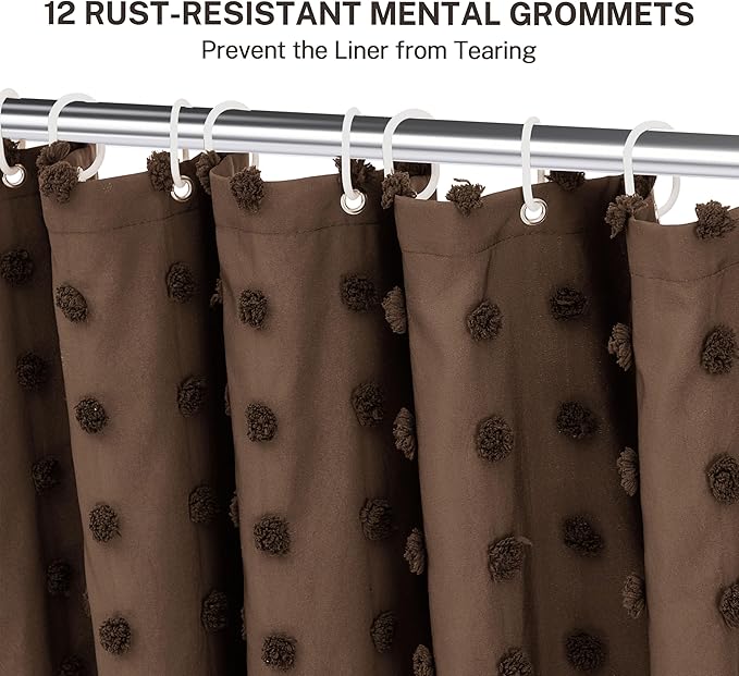 Brown Boho Farmhouse Shower Curtain Woven Fabric Shower Curtain, 72 x 84 Pleat Floral Puffs Tufted Textured Modern Farmhouse Minimalist Shower Curtain Set for Bathroom