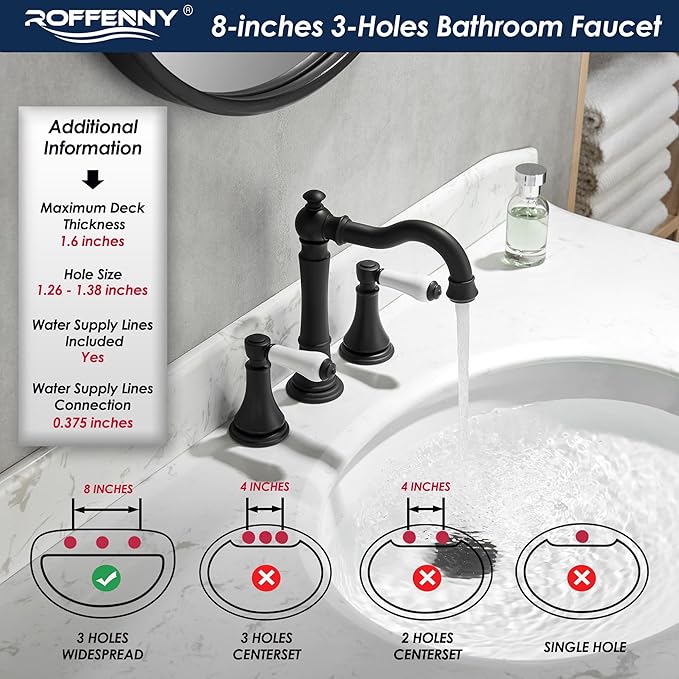 Porcelain 2-Handle Bathroom Faucet Matte Black 8 inch Widespread with Plastic Pop-Up Drain & 2Pcs Water Supply Lines, Classical 3-Hole Vanity Sink Faucets, High Arc 360° Swivel Brass Spout