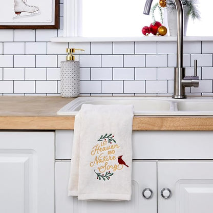 SKL Home Christmas/Winter Heaven & Nature Sing Hand Towel Set-2pc, Natural | 100% Cotton. Soft, embroidered velour. Great for the bathroom, kitchen or bar & holiday gifting.
