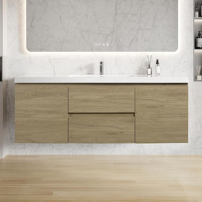 60 Inch Floating Bathroom Vanity with Sink, Large Storage Wall Mounted Floating Vanity with Soft Close Drawers, One-Piece Basin Bathroom Sink Cabinet (Natural Oak, 60")