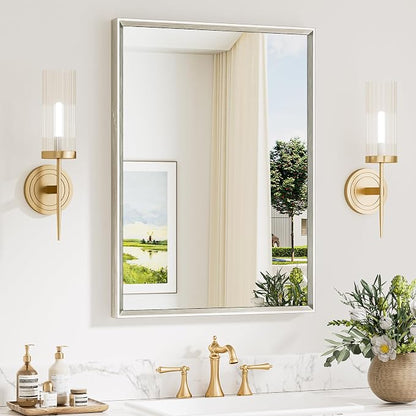 Keonjinn 22 x 30 Inch Brushed Nickel Bathroom Mirrors for Over Sink | Beveled Rectangle Framed Mirrors for Wall, Anti Rust, Farmhouse Bathroom Vanity Mirror, Safety Tempered Glass, Square Corner